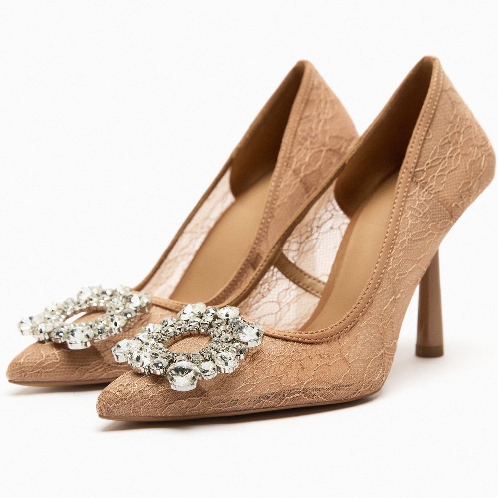 Zara Beige Lace Embellished High Heeled Shoes Sz 10 NWT - Picture 4 of 14